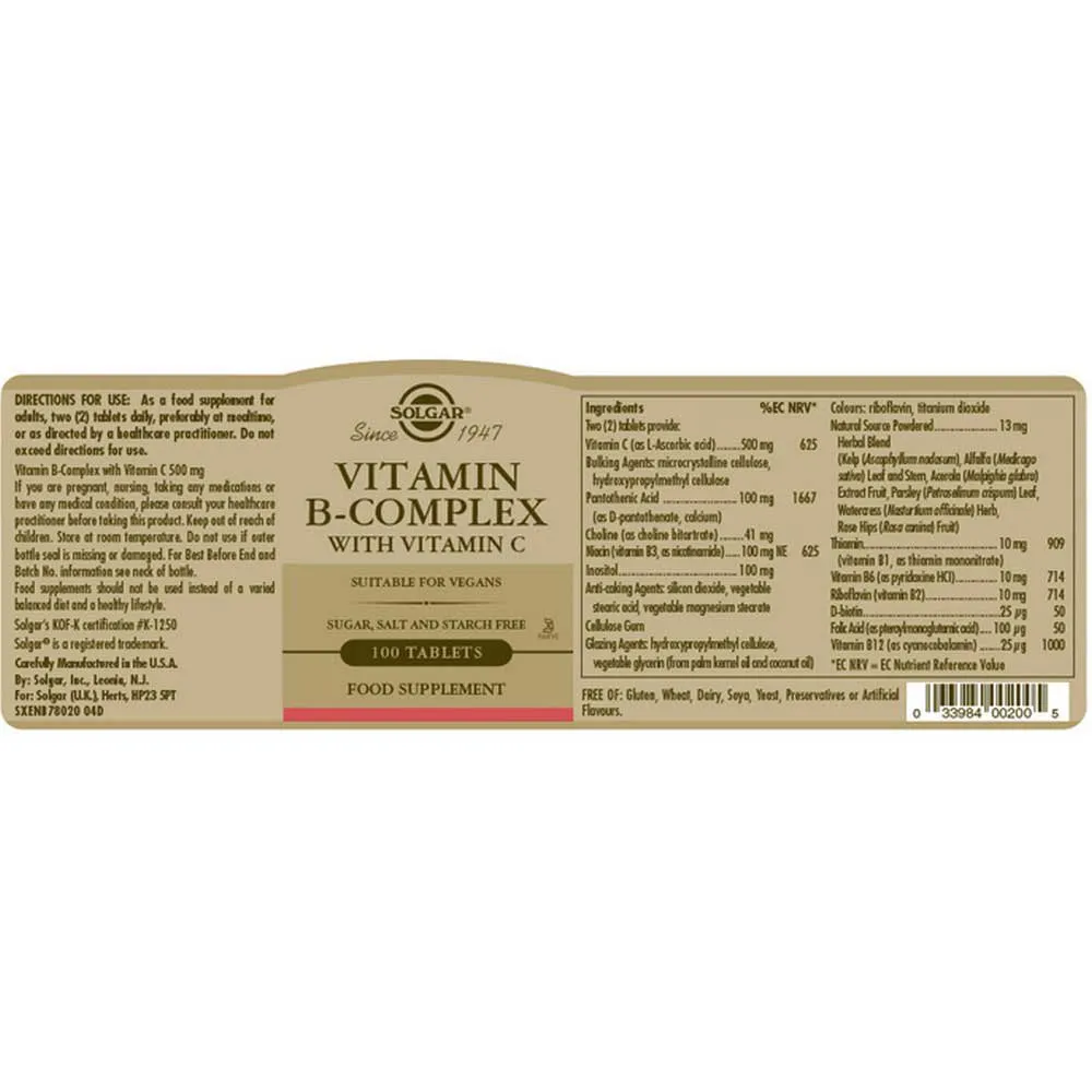 Solgar B-complex With Vitamin C Stress Formula Tabletter 100 Enheter, Brown, One Size