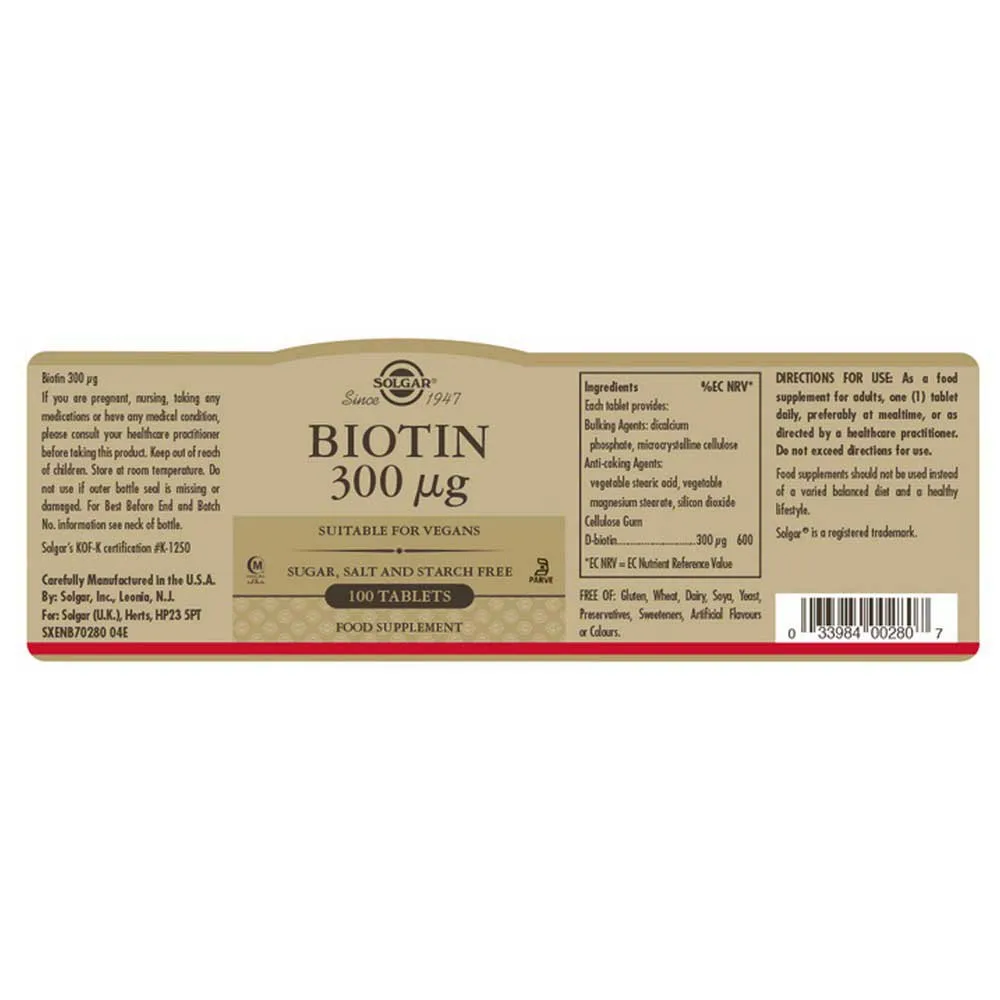 Solgar Biotin 300mcg Tabletter 100 Enheter, Golden, One Size Solgar Biotin 300mcg Tabletter 100 Enheter, Golden, One Size