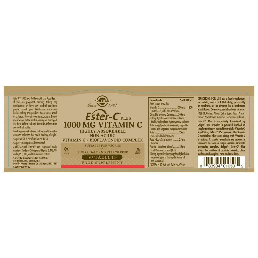 Solgar Ester-c Plus 1000mg Tabletter 30 Enheter, Brown, One Size