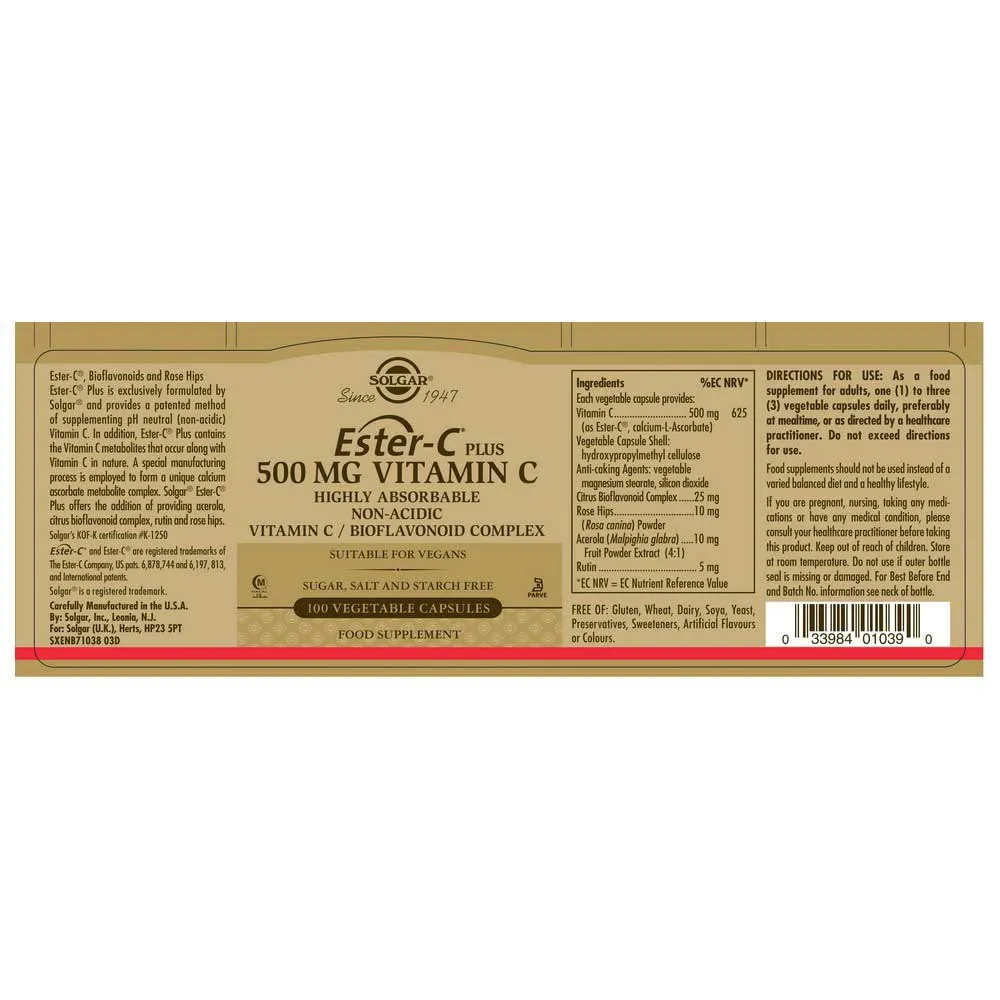 Solgar Ester-c Plus 500 Mg 100 Enheter, Golden, One Size