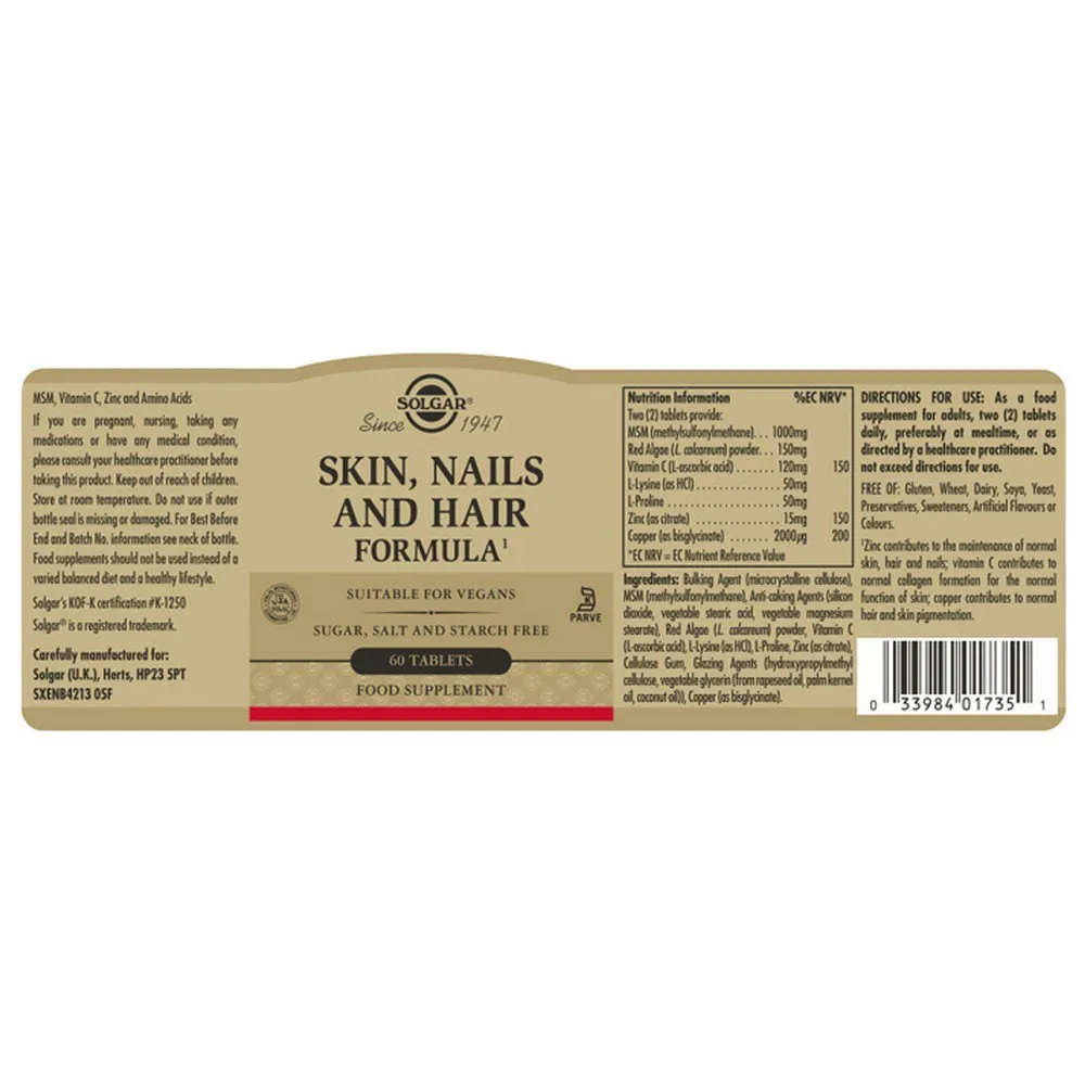 Solgar Hair.skin & Nails Tabletter 60 Enheter, Brown, One Size Solgar Hair.skin & Nails Tabletter 60 Enheter, Brown, One Size