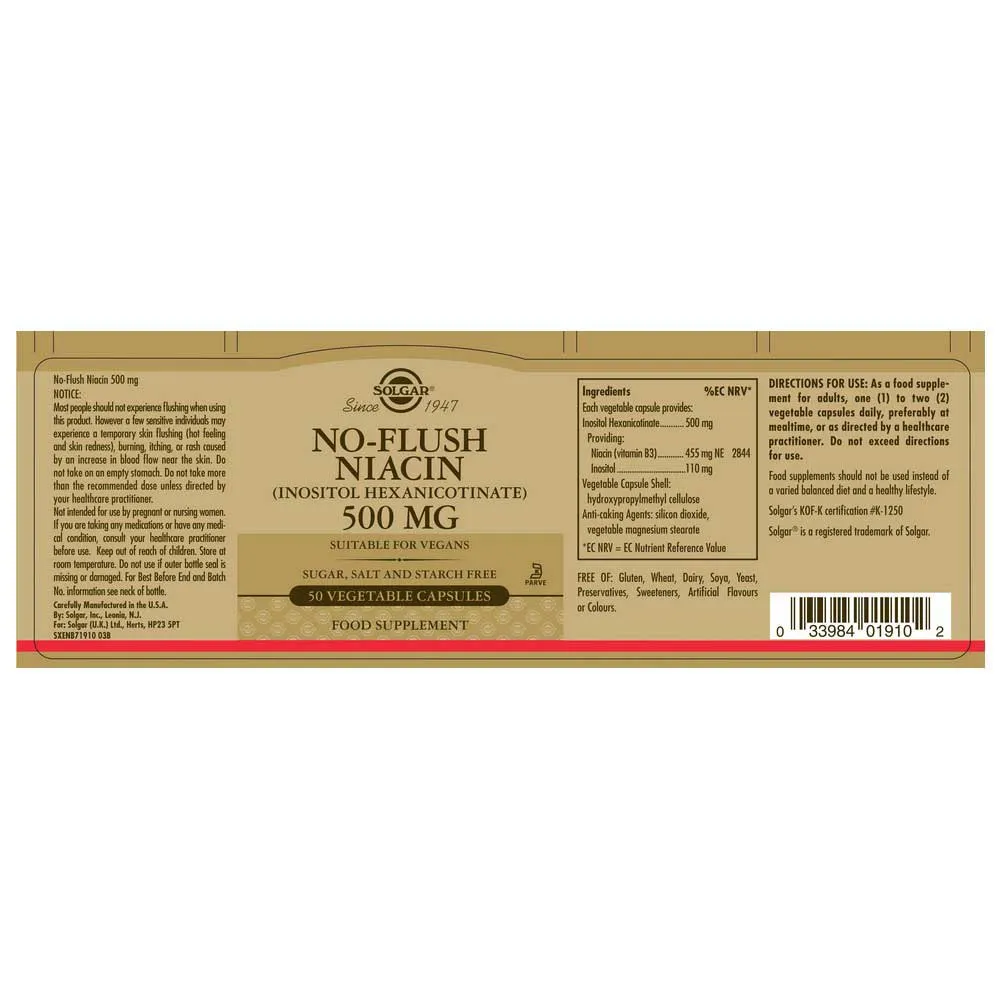 Solgar Ikke-spylende Niacin 500 Mg 50 Enheter, Brown, One Size