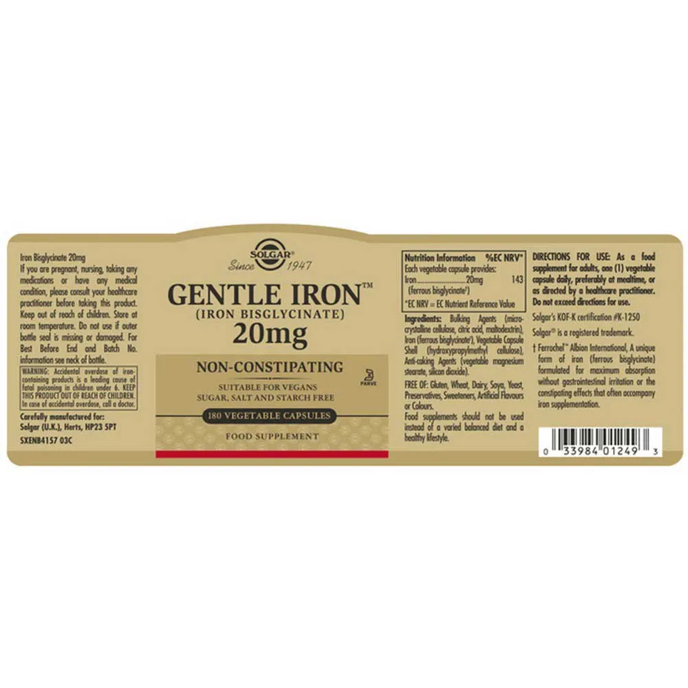 Solgar Iron Gentle 20mg Tabletter 180 Enheter, Brown, One Size