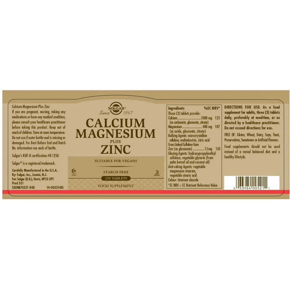 Solgar Kalsium/magnesium/sink 250 Enheter, Brown, One Size Solgar Kalsium/magnesium/sink 250 Enheter, Brown, One Size