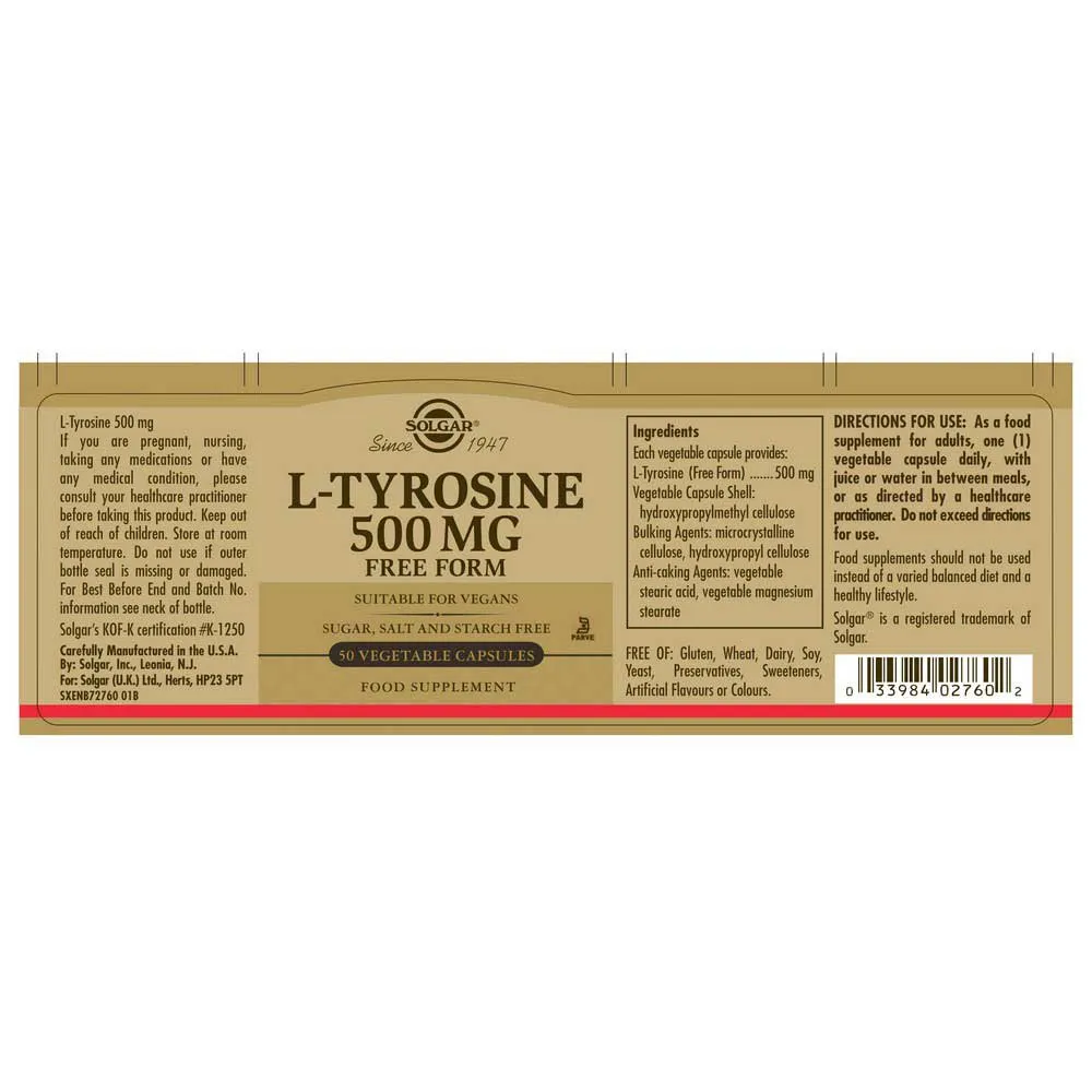 Solgar L-tyrosin 500 Mg 50 Enheter, Brown, One Size Solgar L-tyrosin 500 Mg 50 Enheter, Brown, One Size
