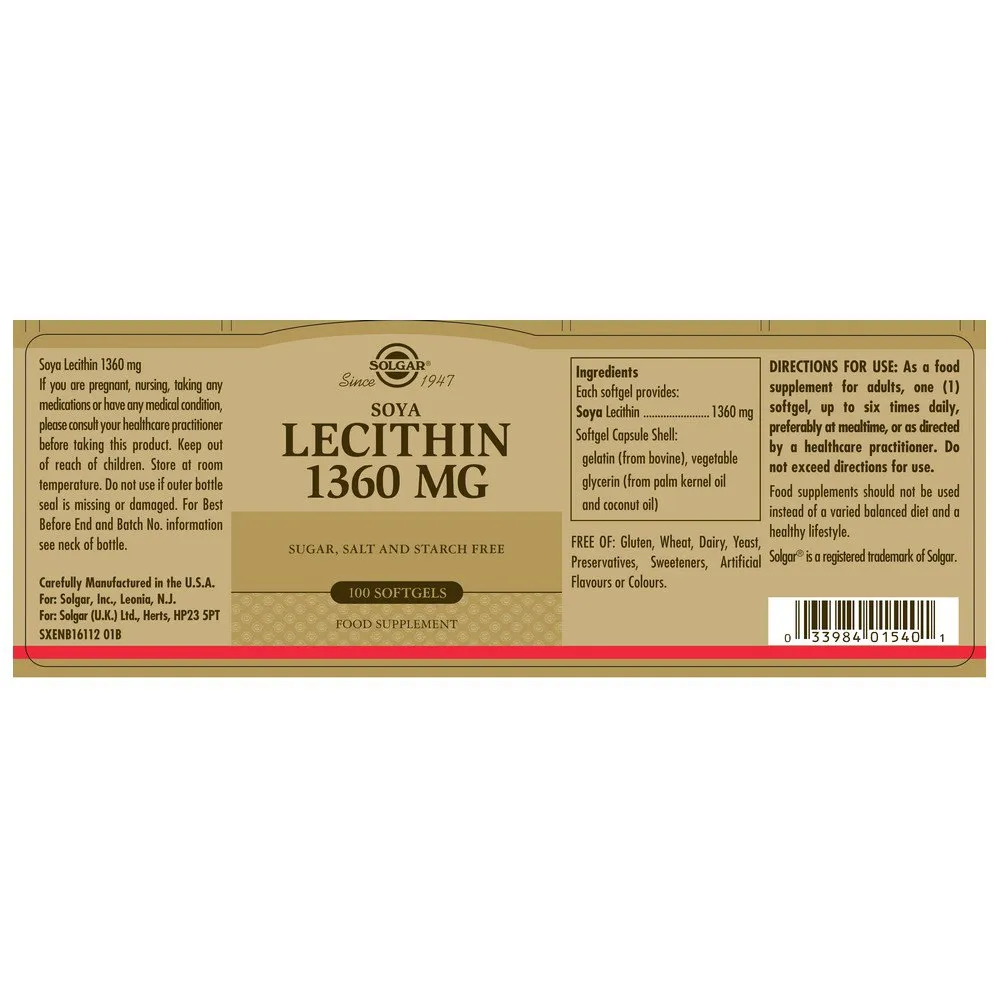 Solgar Lecitin 1360 Mg 100 Enheter, Brown, One Size Solgar Lecitin 1360 Mg 100 Enheter, Brown, One Size