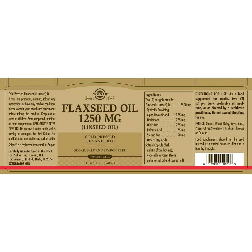 Solgar Linfrøolje 1250 Mg 100 Enheter, Brown, One Size Solgar Linfrøolje 1250 Mg 100 Enheter, Brown, One Size