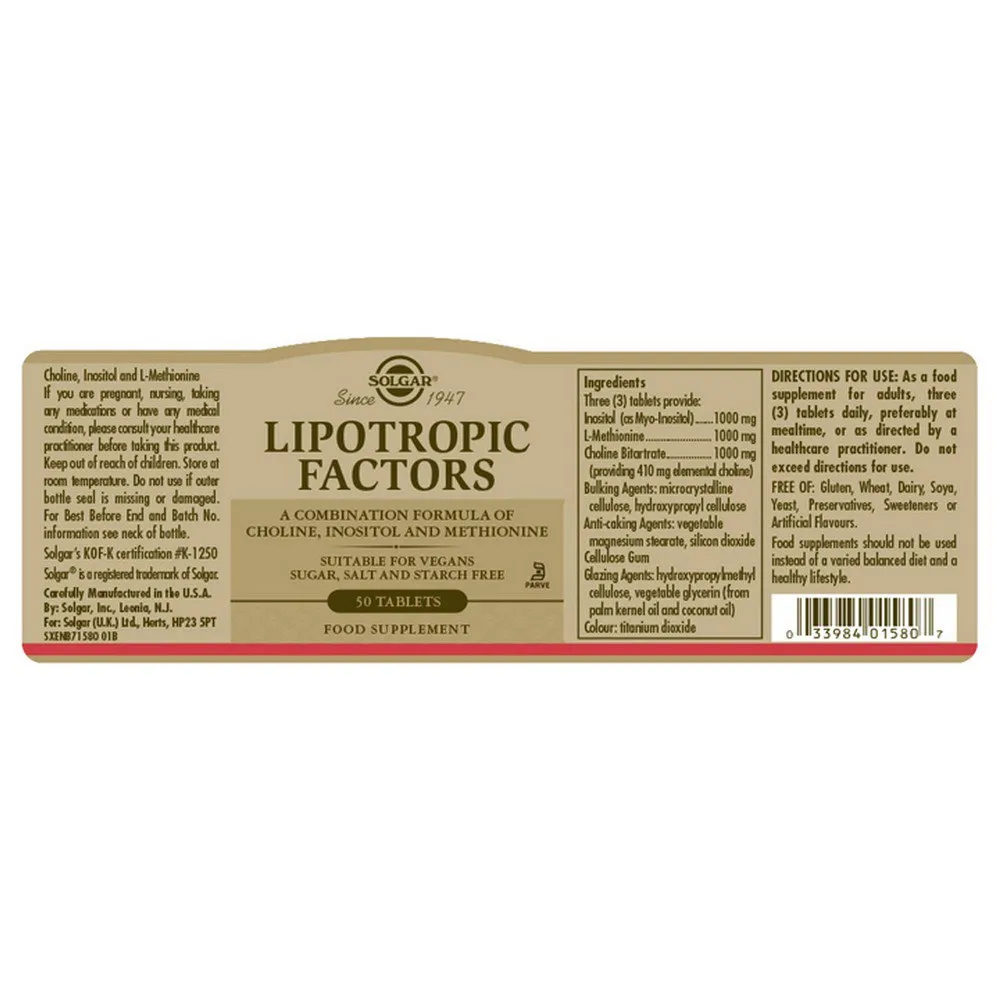 Solgar Lipotropic Tabletter 50 Enheter, Brown, One Size
