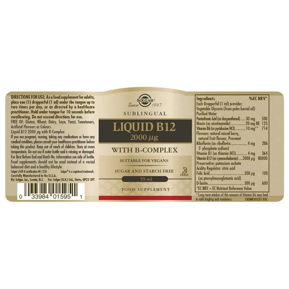 Solgar Liquid B-12 2000µg B-complex Gjenoppretting 59ml, Brown, One Size