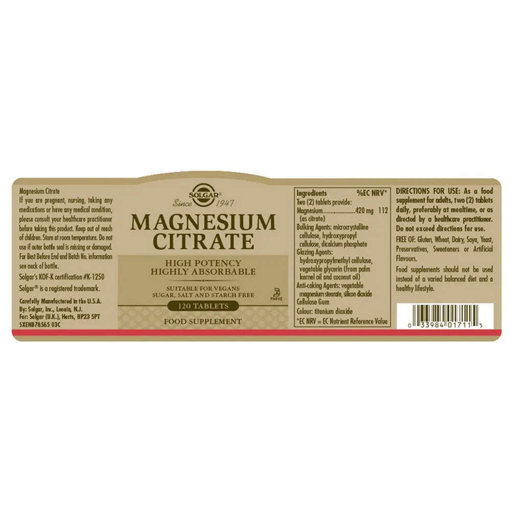 Solgar Magnesium Citrate Tabletter 120 Enheter, One size