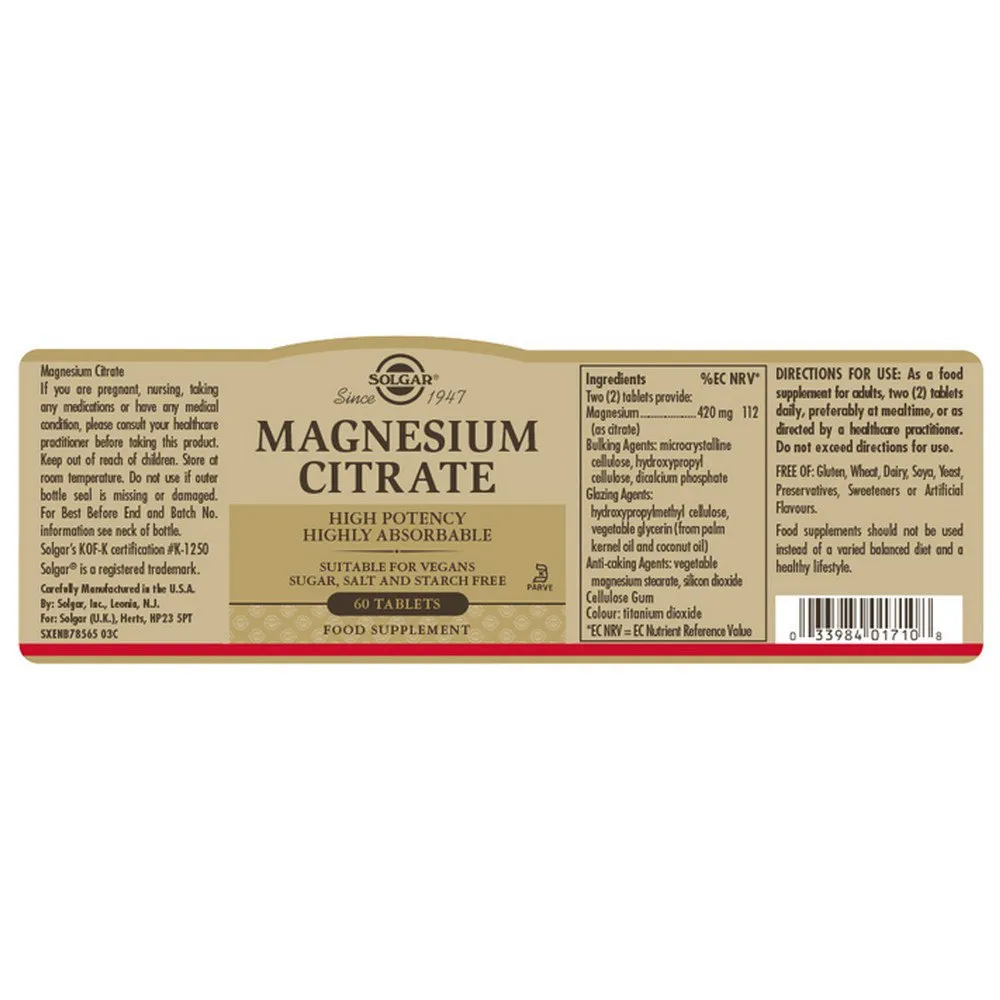 Solgar Magnesium Citrate Tabletter 60 Enheter, Brown, One Size