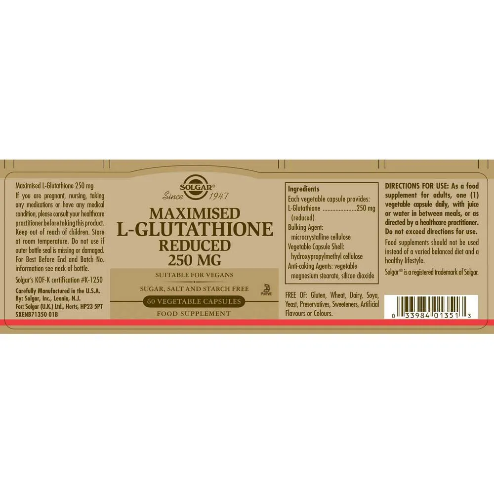 Solgar Maksimert L-glutation 250 Mg 60 Enheter, Brown, One Size Solgar Maksimert L-glutation 250 Mg 60 Enheter, Brown, One Size