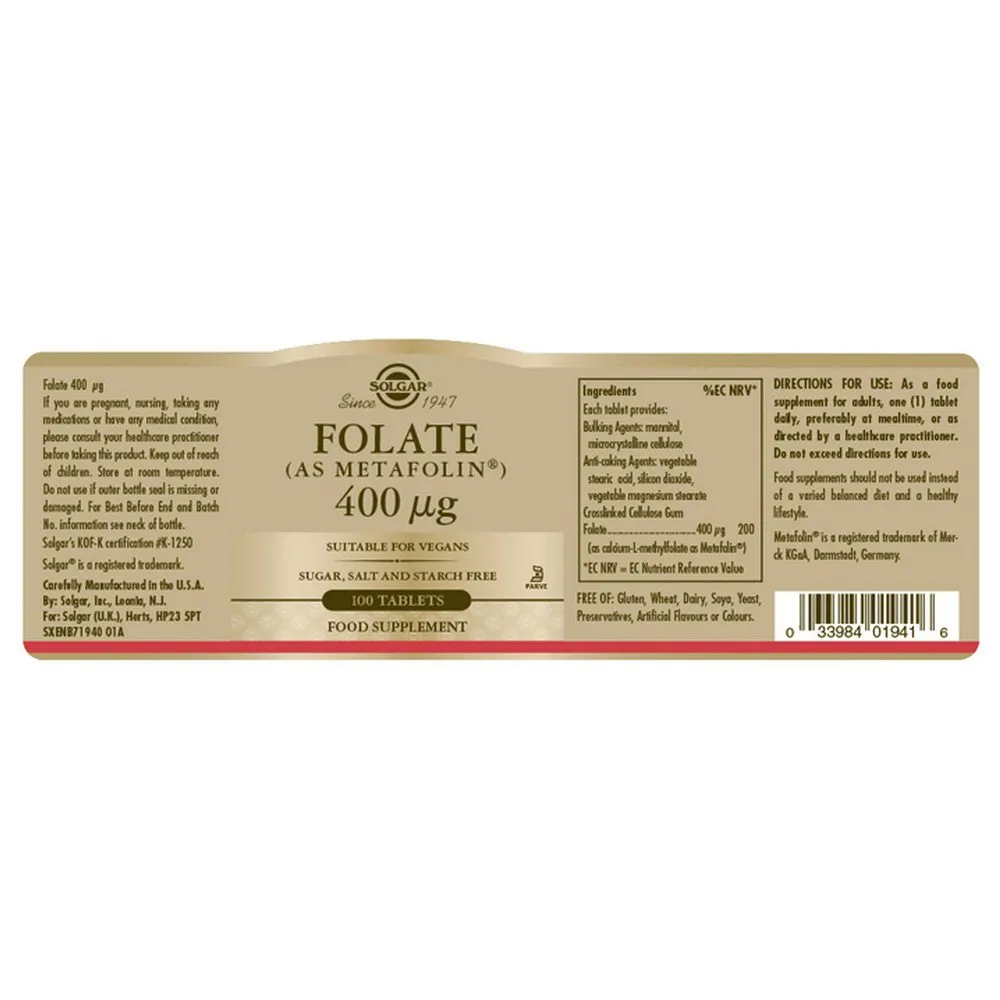 Solgar Metafolin Folate 400mcg Tabletter 100 Enheter, Brown, One Size Solgar Metafolin Folate 400mcg Tabletter 100 Enheter, Brown, One Size