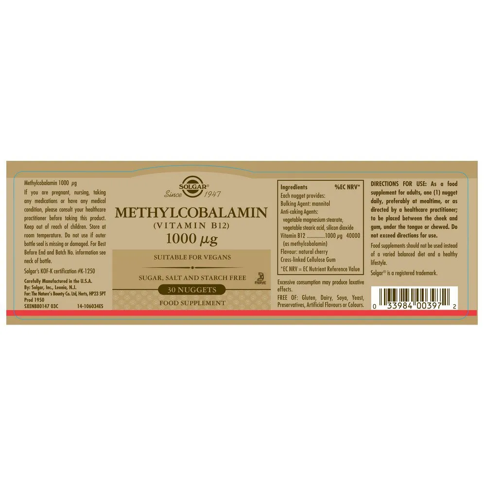 Solgar Metylcobalamin 1000 Mcg 30 Enheter, Black, One Size