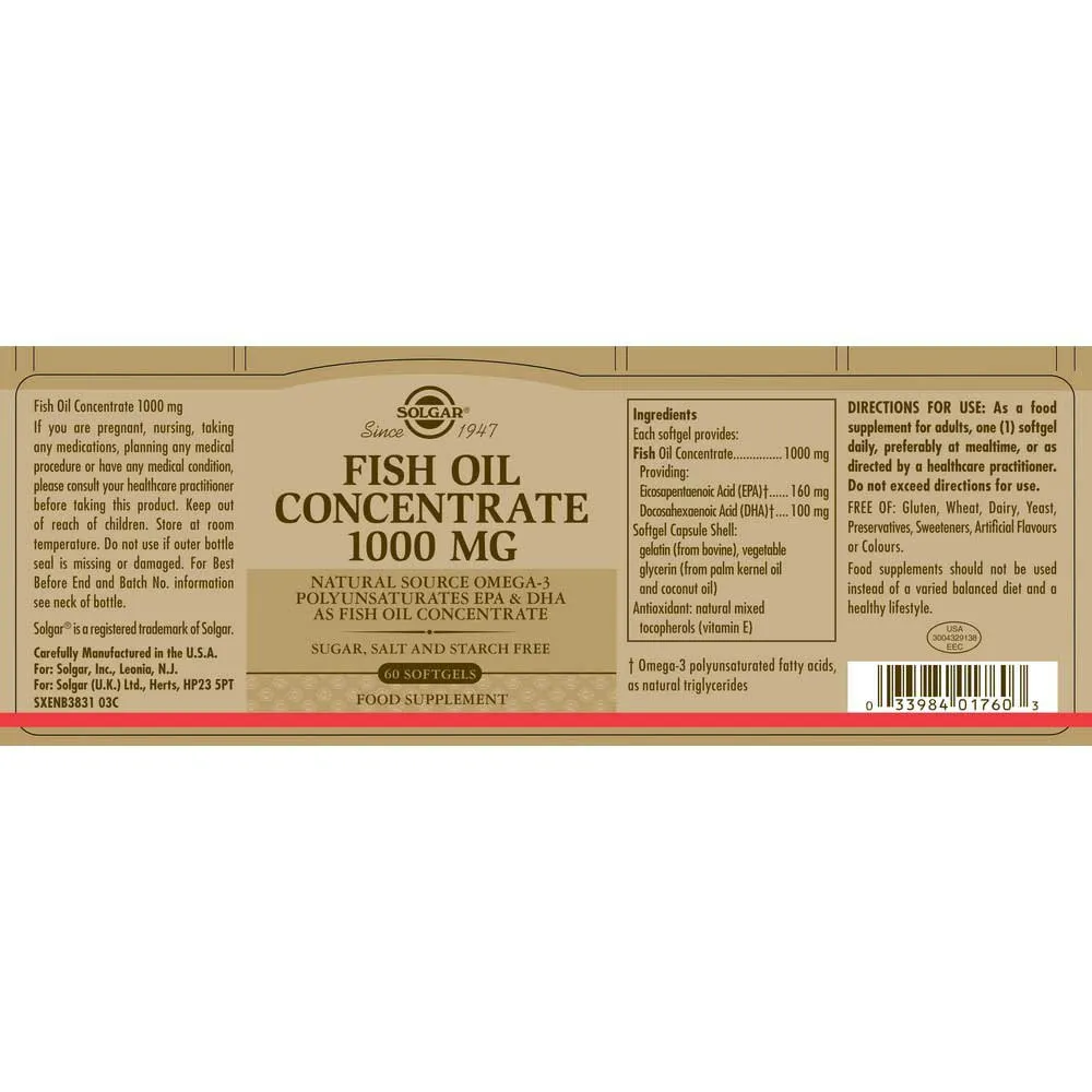 Solgar Oljekonsentrat 1000 Mg Fisk 60 Enheter, Brown, One Size Solgar Oljekonsentrat 1000 Mg Fisk 60 Enheter, Brown, One Size