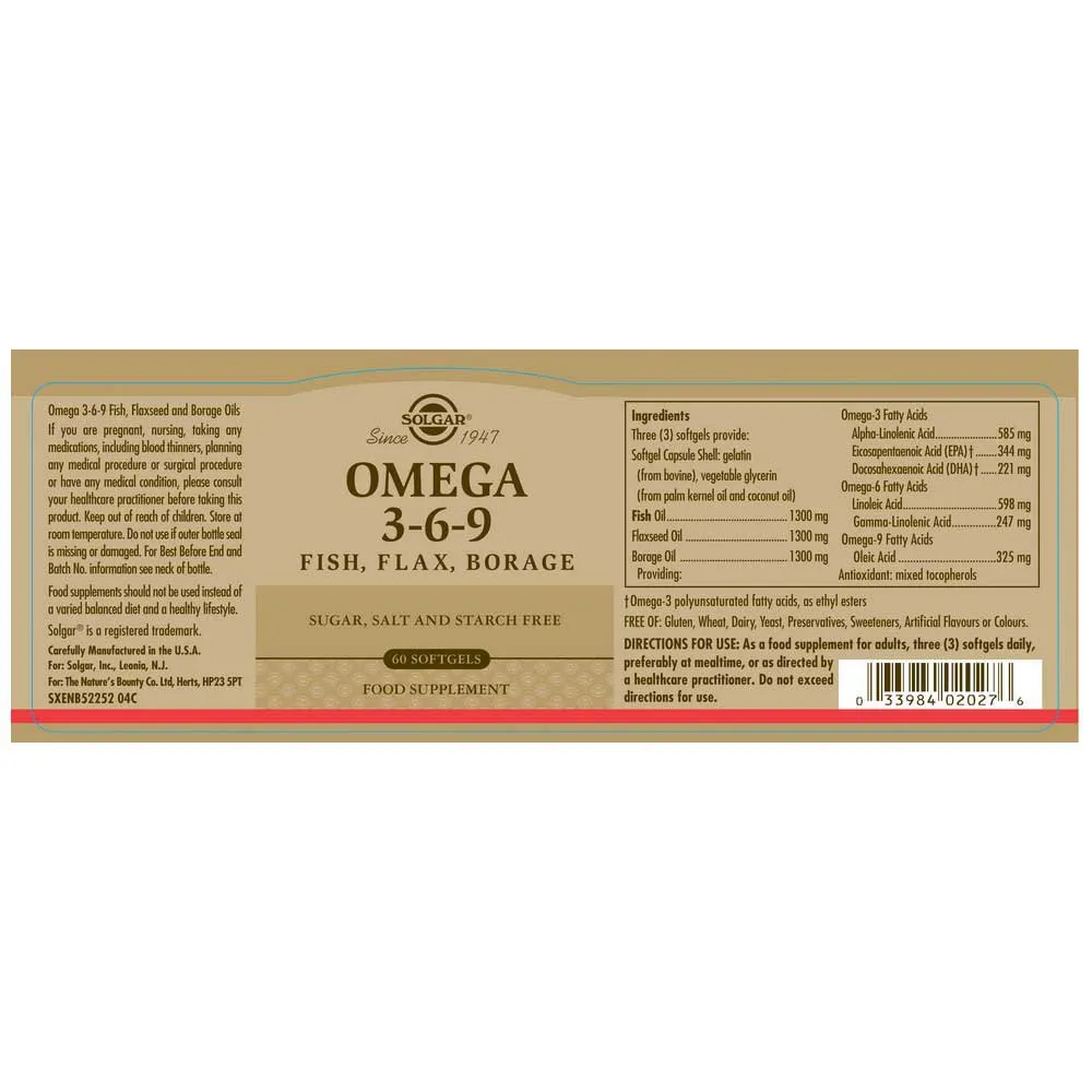 Solgar Omega 3-6-9 Kapsler 60 Enheter, Brown, One Size