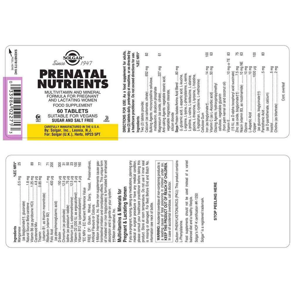 Solgar Prenatal Nutrients Tabletter 60 Enheter, Brown, One Size