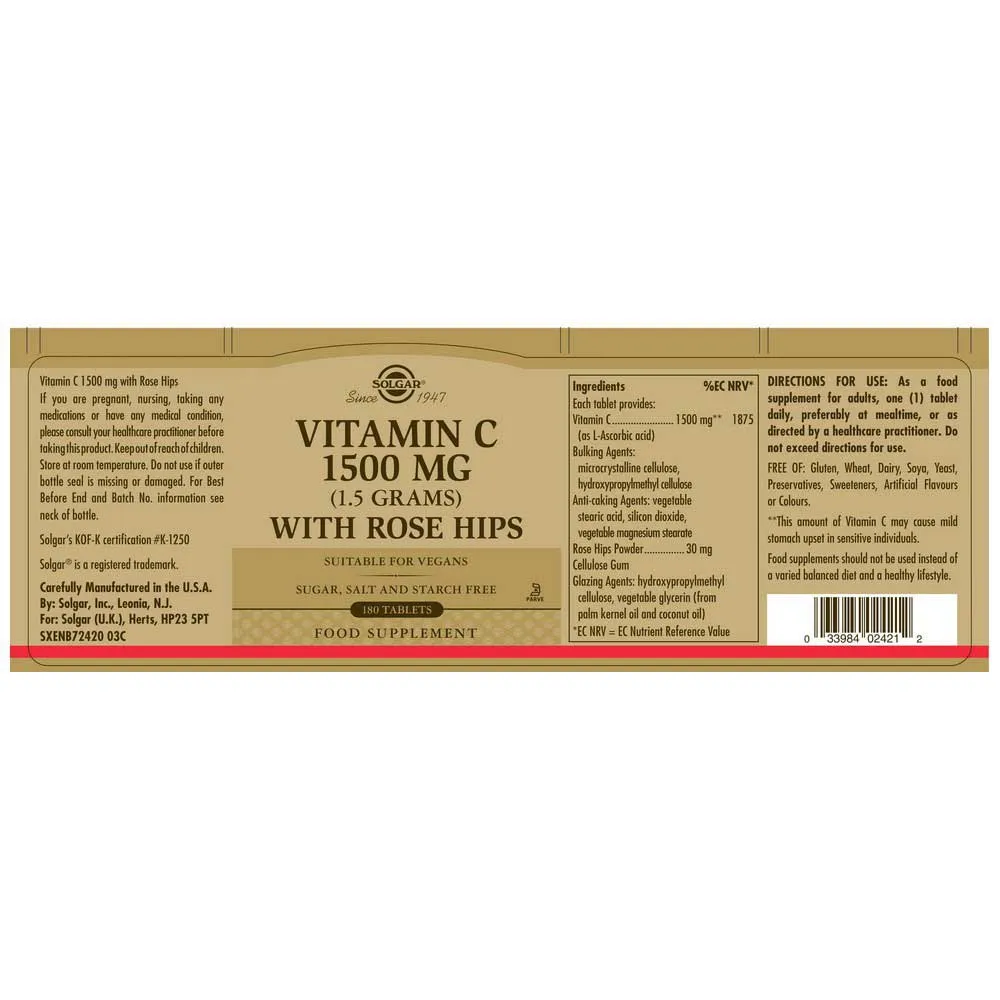 Solgar Rose Hips C 1500mg Tabletter 180 Enheter, Black, One Size