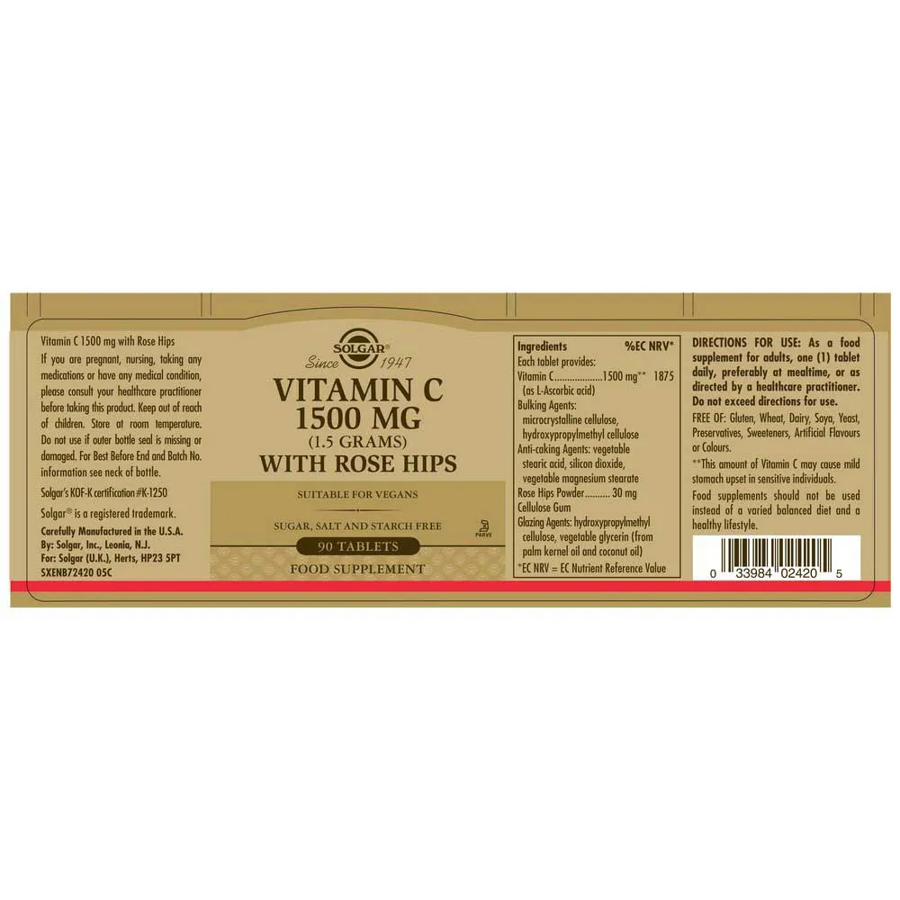 Solgar Rose Hips C 1500mg Tabletter 90 Enheter, Brown, One Size