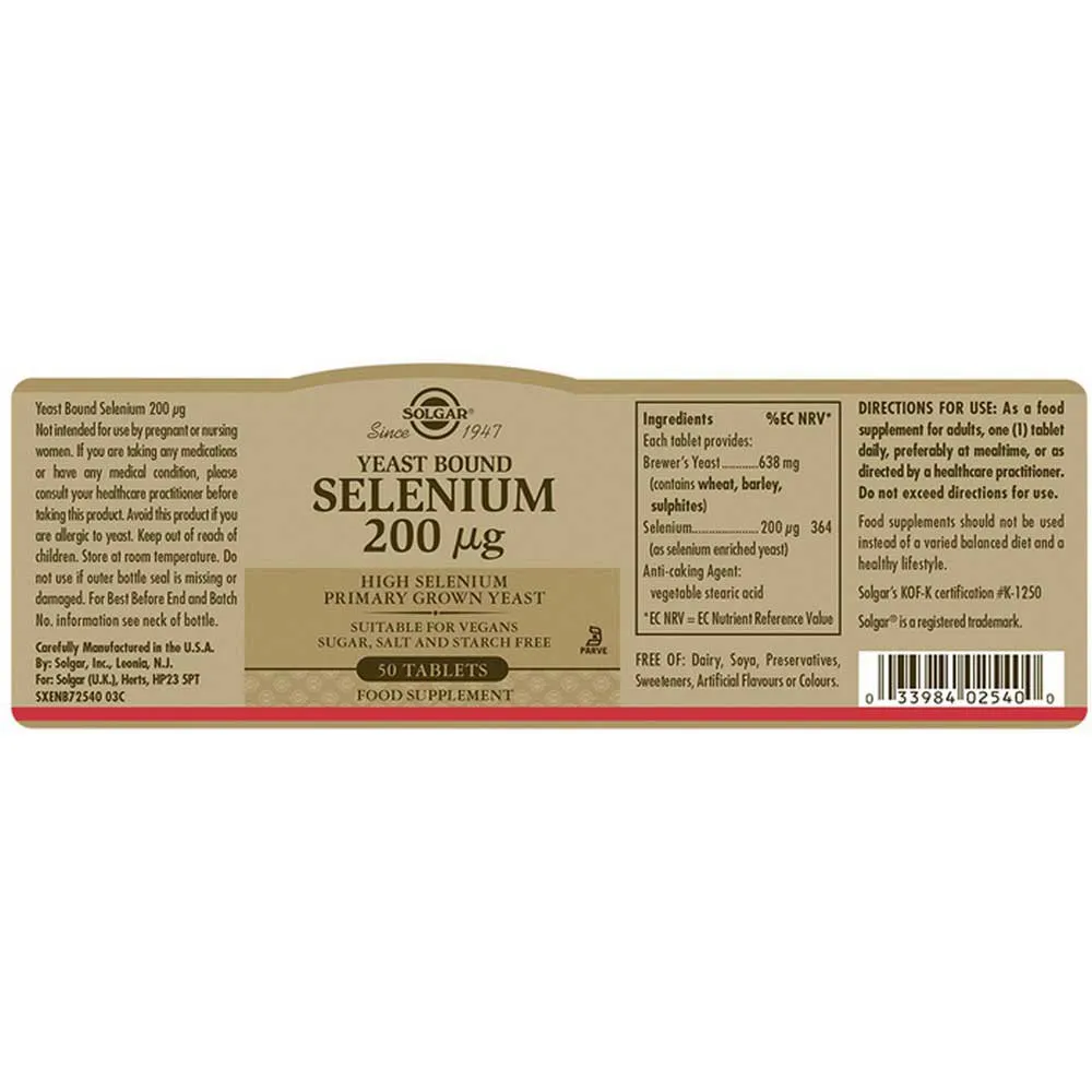 Solgar Selenium 200mcg Yeast Bound Tabletter 50 Enheter, Brown, One Size