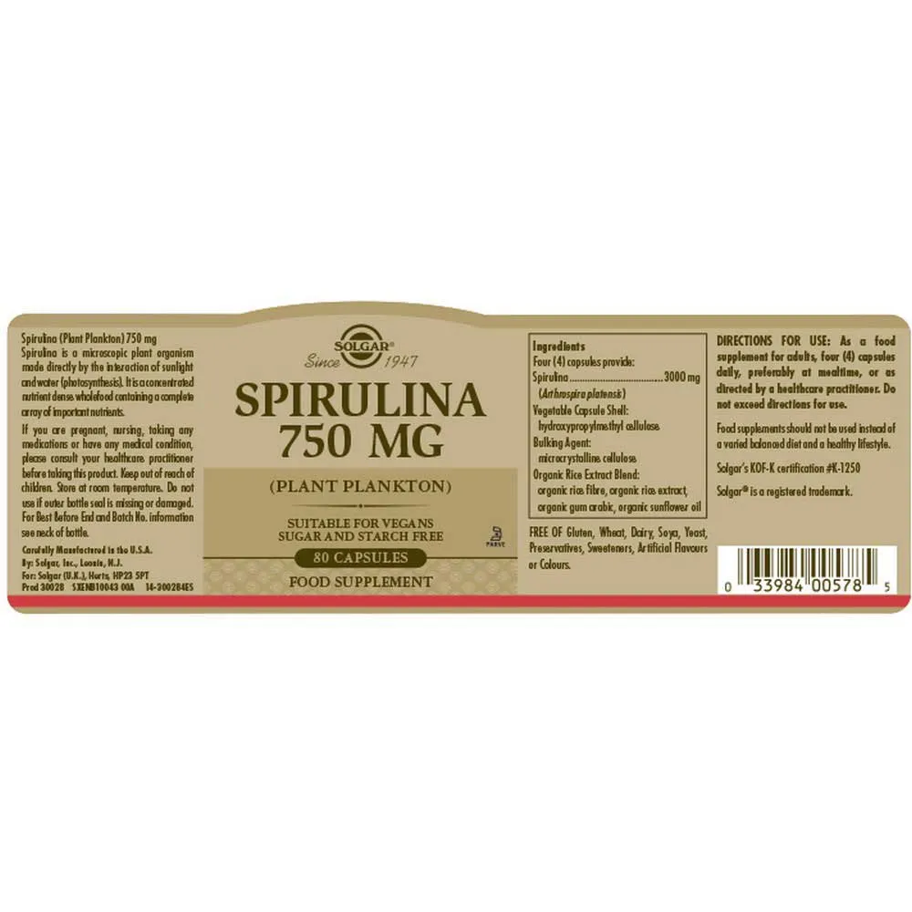 Solgar Spirulina Vegetarian 750mg Tabletter 80 Enheter, Brown, One Size Solgar Spirulina Vegetarian 750mg Tabletter 80 Enheter, Brown, One Size