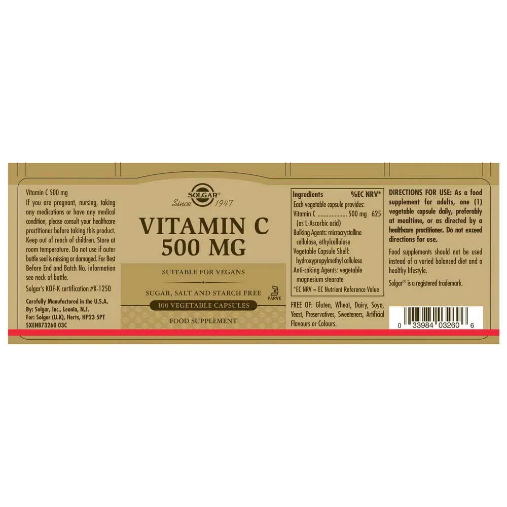 Solgar Vitamin C 500 Mg 100 Enheter, Golden, One Size Solgar Vitamin C 500 Mg 100 Enheter, Golden, One Size