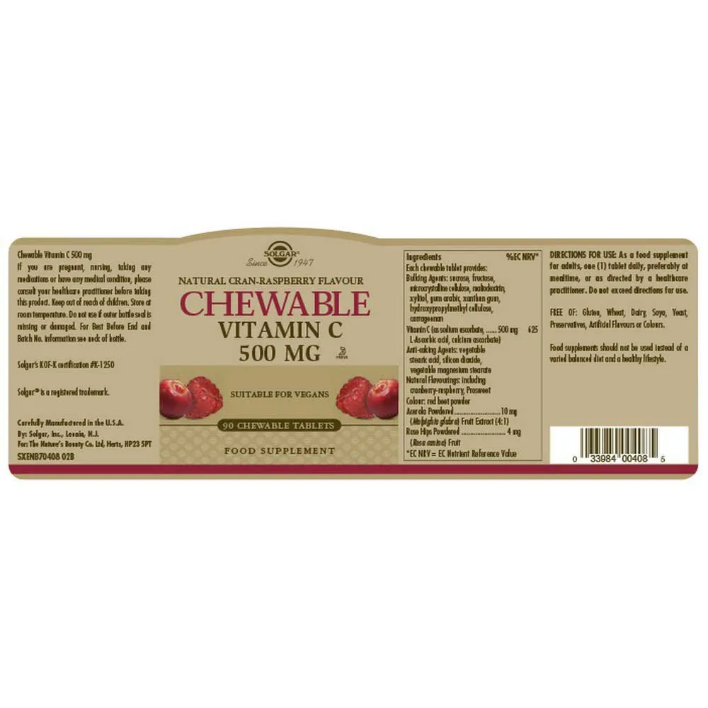 Solgar Vitamin C Voksne 500 Mg/tranebær Bringebær 90 Enheter, Brown, One Size