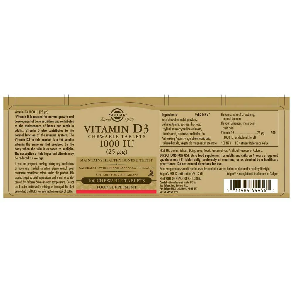 Solgar Vitamin D3 1000 Iu 25 Mcg Tabletter 100 Enheter, Brown, One Size