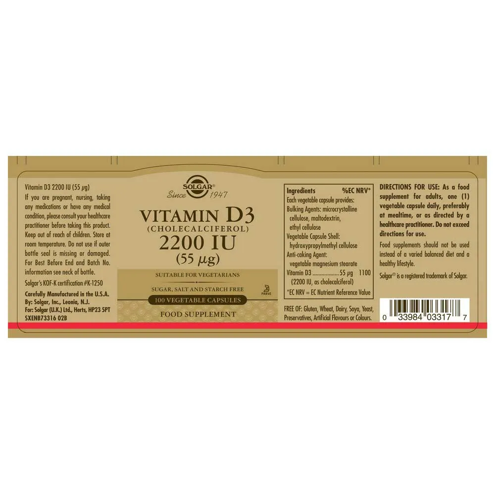 Solgar Vitamin D3 2200 Ie 55 Mcg 100 Enheter, Brown, One Size