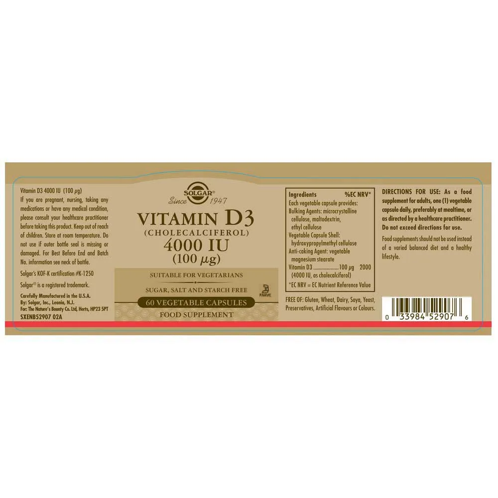 Solgar Vitamin D3 4000 Iu 100 Mcg 60 Enheter, Brown, One Size