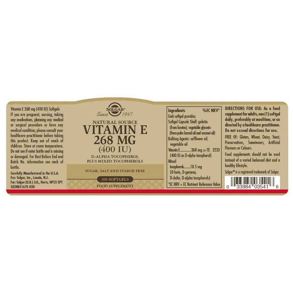 Solgar Vitamin E 400 Ie 268mg 100 Enheter, Brown, One Size Solgar Vitamin E 400 Ie 268mg 100 Enheter, Brown, One Size