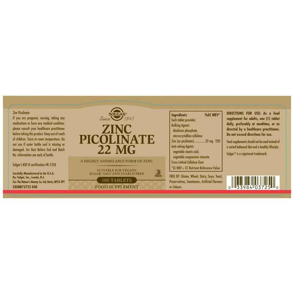 Solgar Zinc Picolinate 22mg Tabletter 100 Enheter, Brown, One Size