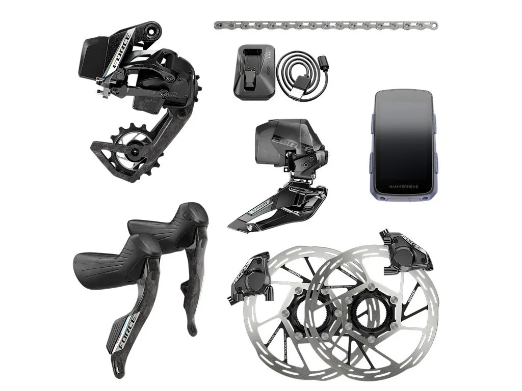 SRAM Force AXS E1 geargruppe kit inklusiv Hammerhead Karoo sykkelcomputer, Black, 36t