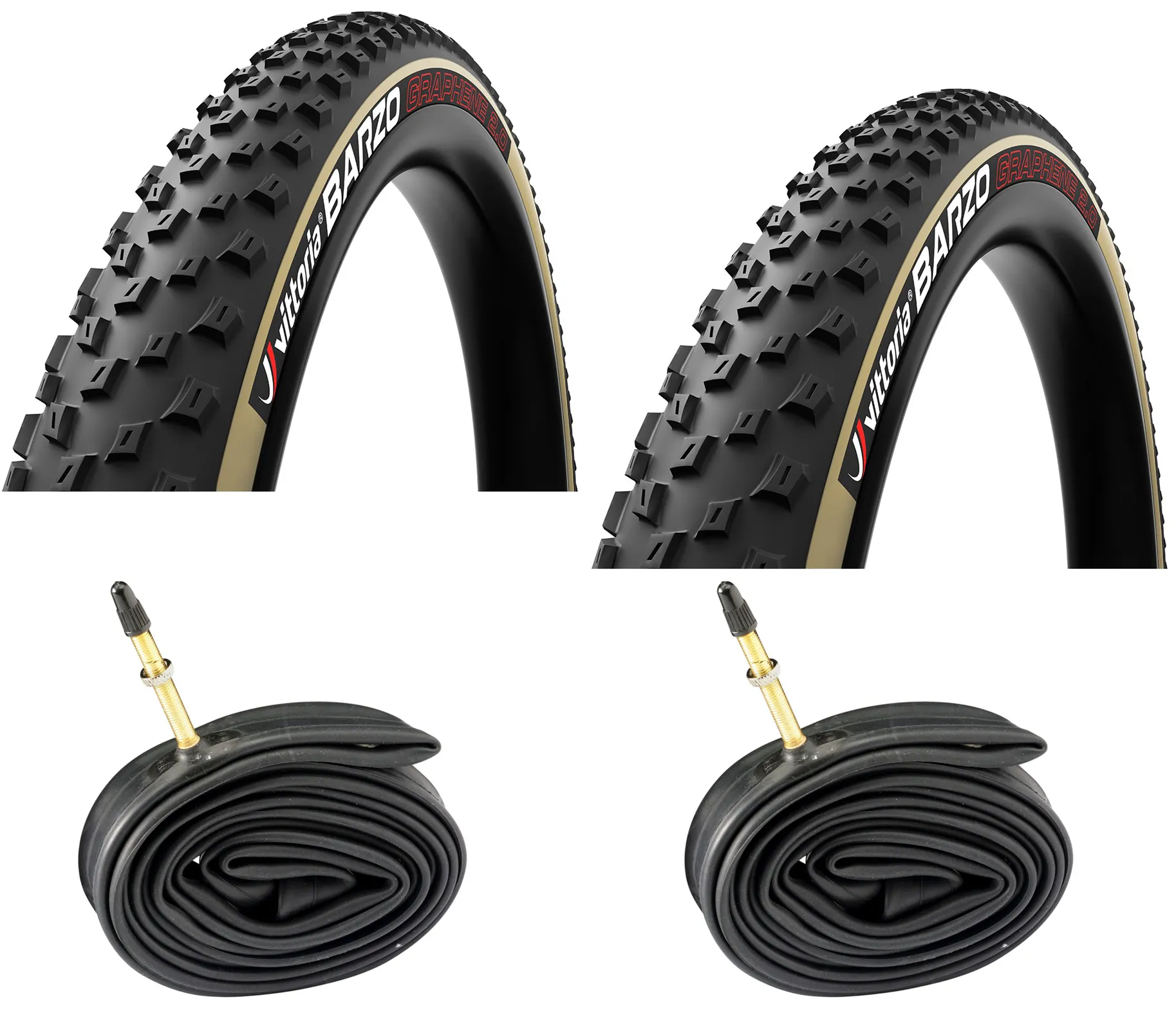 Vittoria 2 dekk + 2 slanger Vittoria Barzo 29 x 2.25 Dekk med Brune Dekksider med Presta Ventil, Sykkeldekk Vittoria 2 dekk + 2 slanger Vittoria Barzo 29 x 2.25 Dekk med Brune Dekksider med Presta Ventil, Sykkeldekk